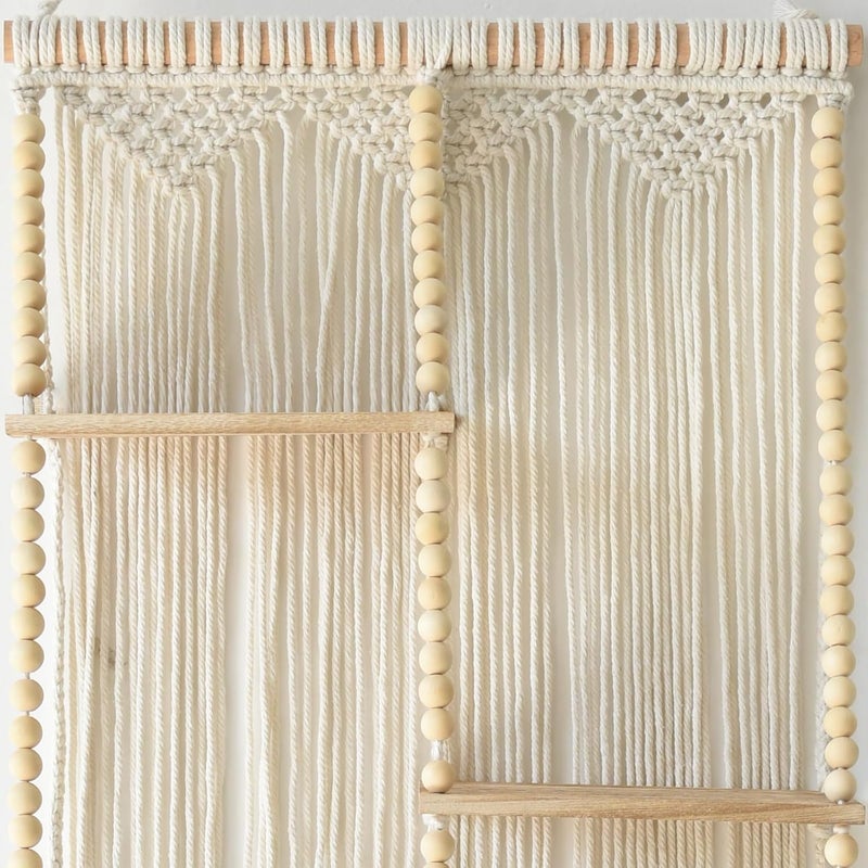 Flber Macrame Wall Hanging Shelf Boho Wall Decor Home 2 Tier Hanger Shelves Braided with Tassels Shelves Organizer for Kitchen, Bedroom, Home Storage, Floating Plant Shelf (Wood) - Image 5